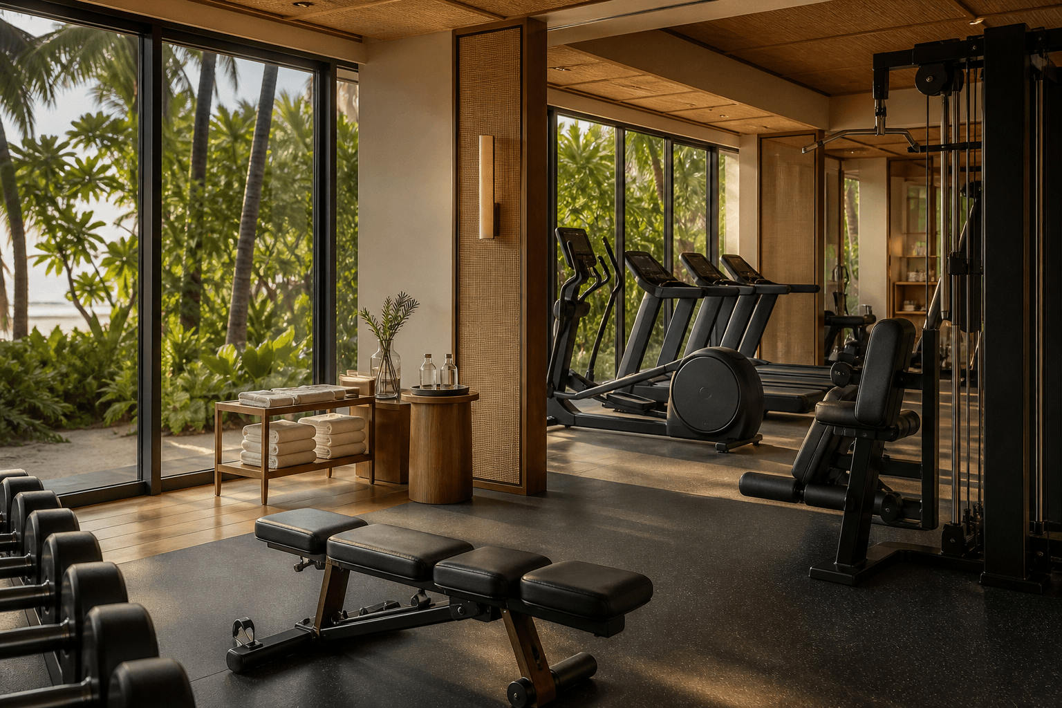 Premium resort gym overlooking a tropical garden