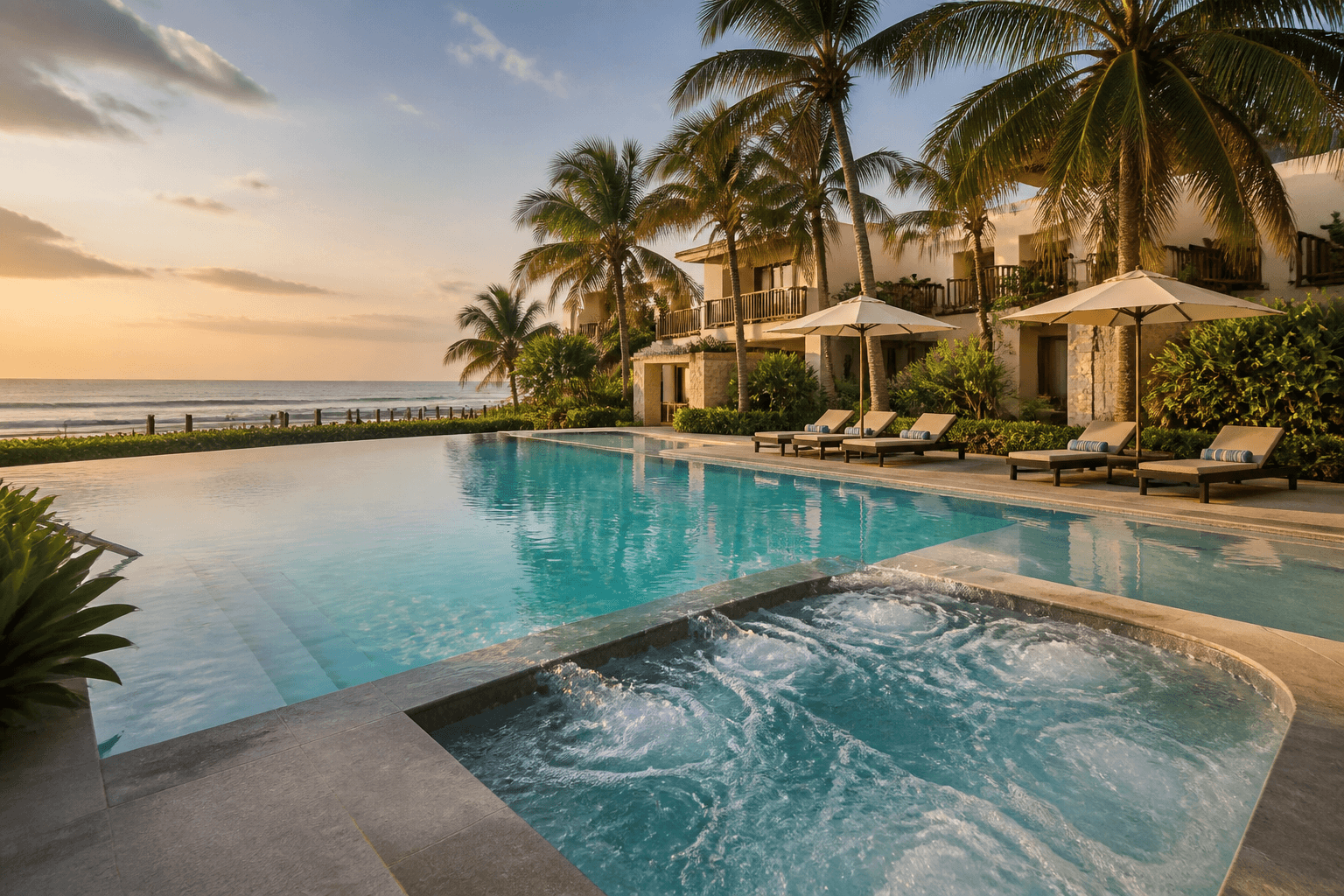 Luxury beachfront swimming pool with an integrated Jacuzzi